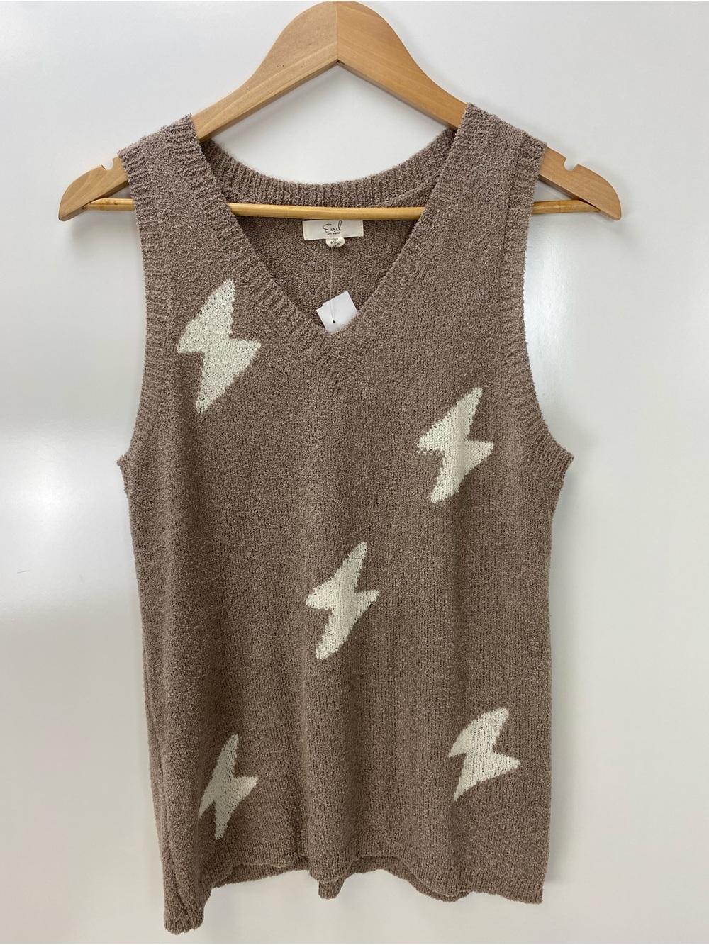 easel Taupe V-Neck Knit Sweater Vest with Cream Bolt Motifs